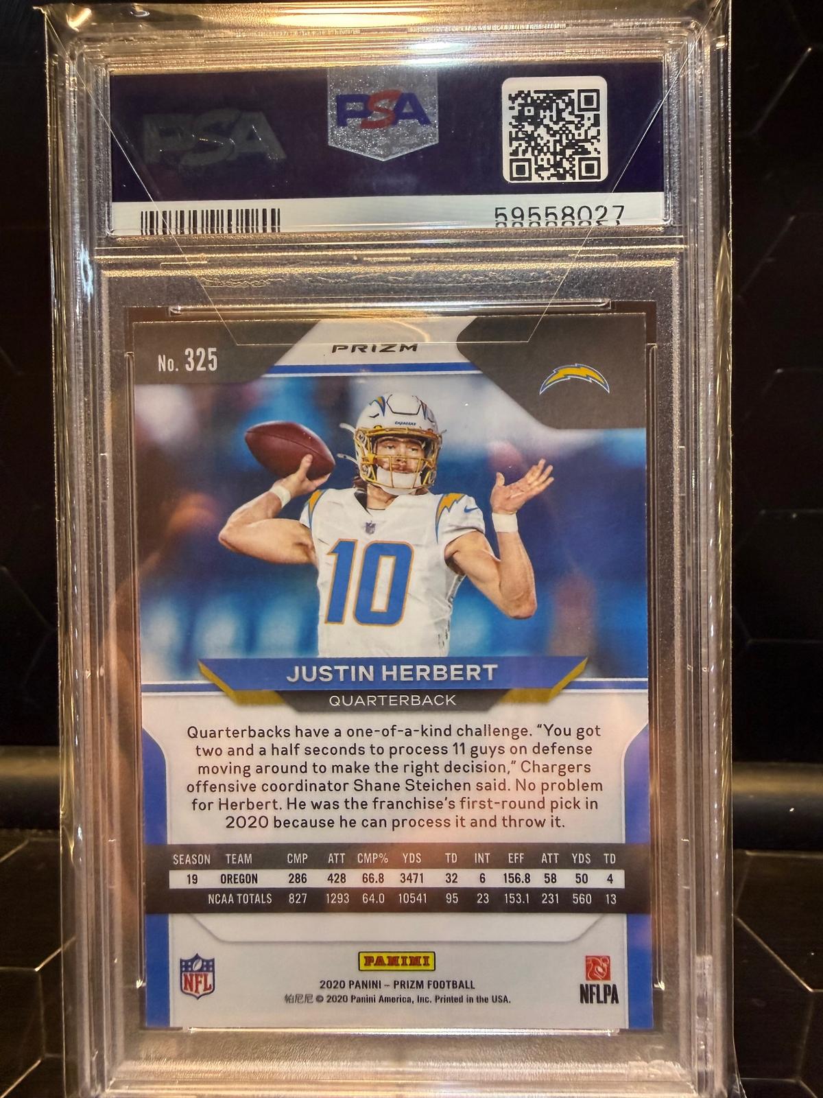 2020 Panini Prizm Justin Herbert #325 Red White Blue Prizm RC PSA 10