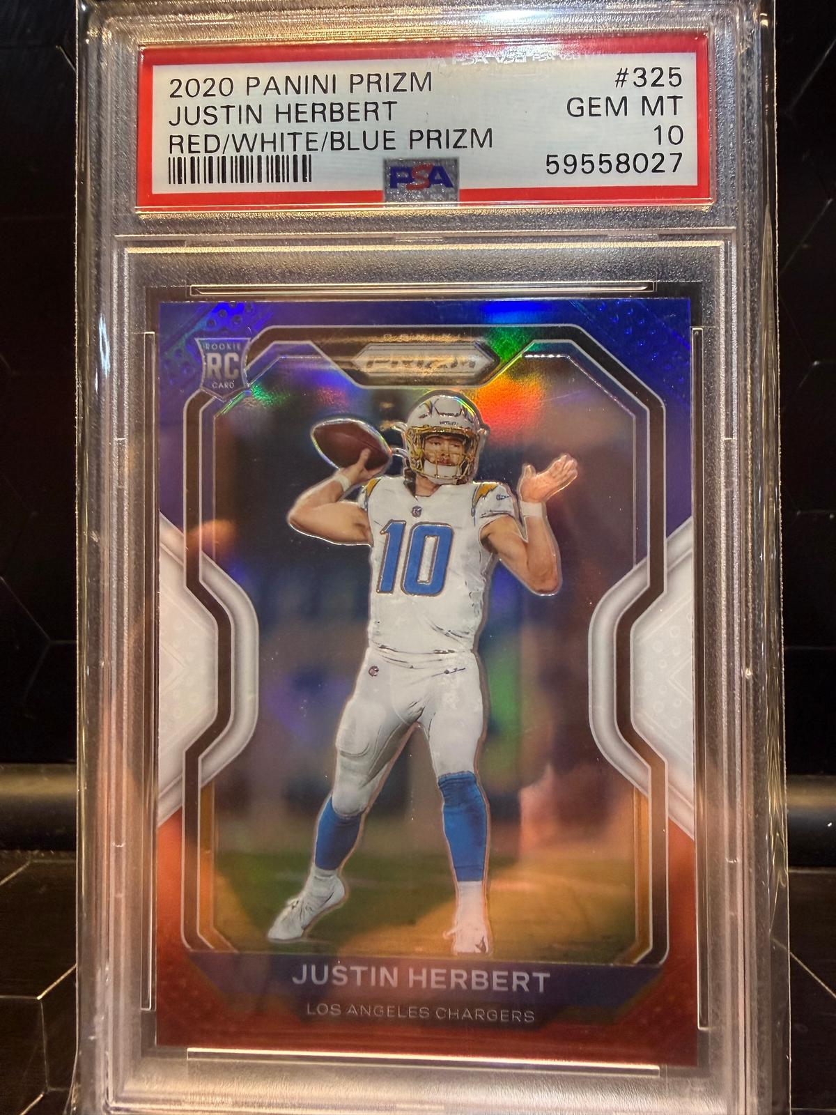 2020 Panini Prizm Justin Herbert #325 Red White Blue Prizm RC PSA 10