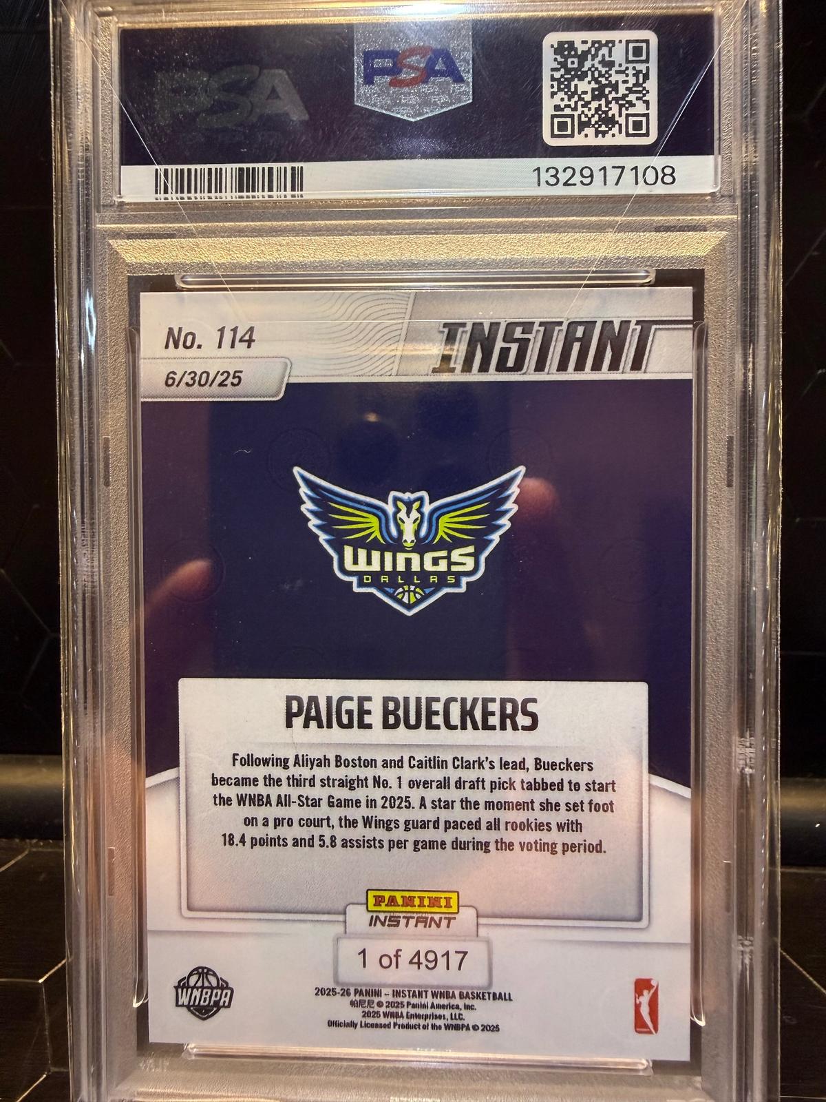 2025 Panini Instant WNBA Paige Bueckers #114 All-Star Starter RC PSA 10