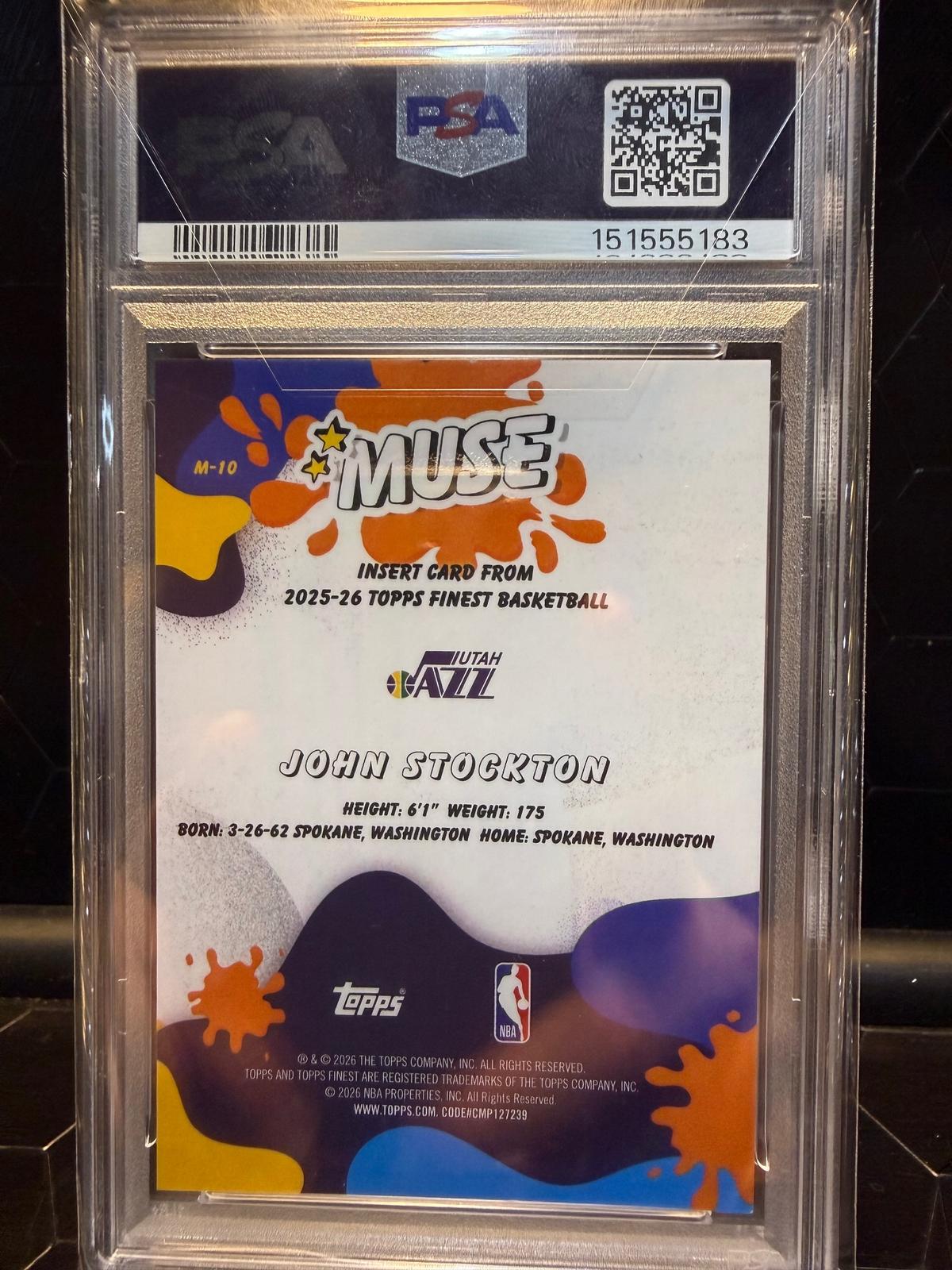 2025-26 Topps Finest John Stockton #M-10 Muse Blue Geometric 08/75 PSA 9