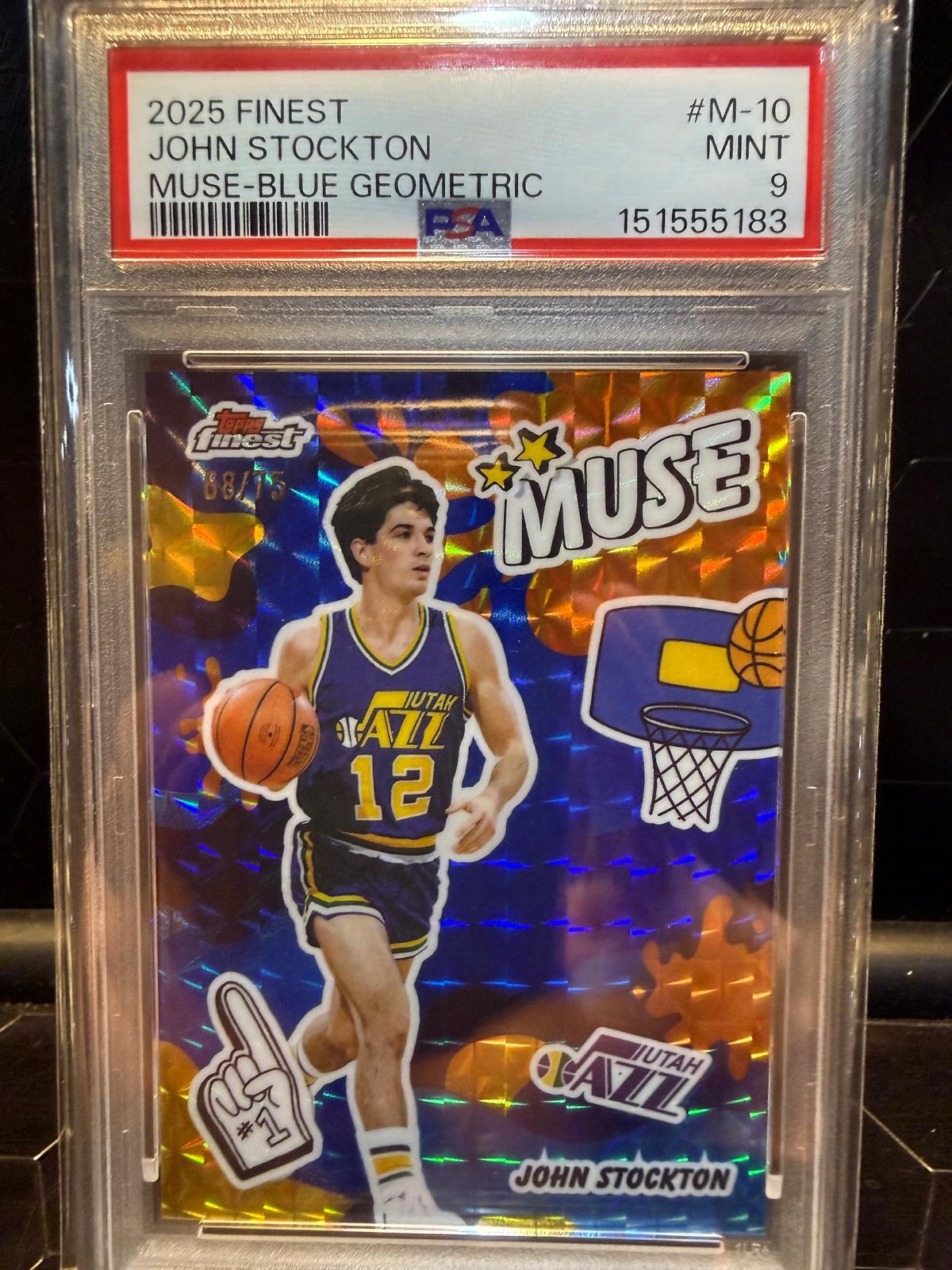 2025-26 Topps Finest John Stockton #M-10 Muse Blue Geometric 08/75 PSA 9