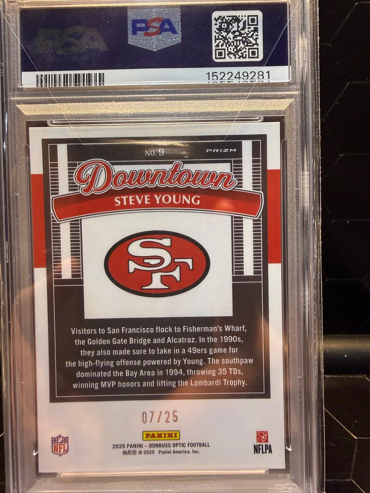2025 Panini Donruss Optic #9 Steve Young Downtown Legends Black Pandora PSA 10