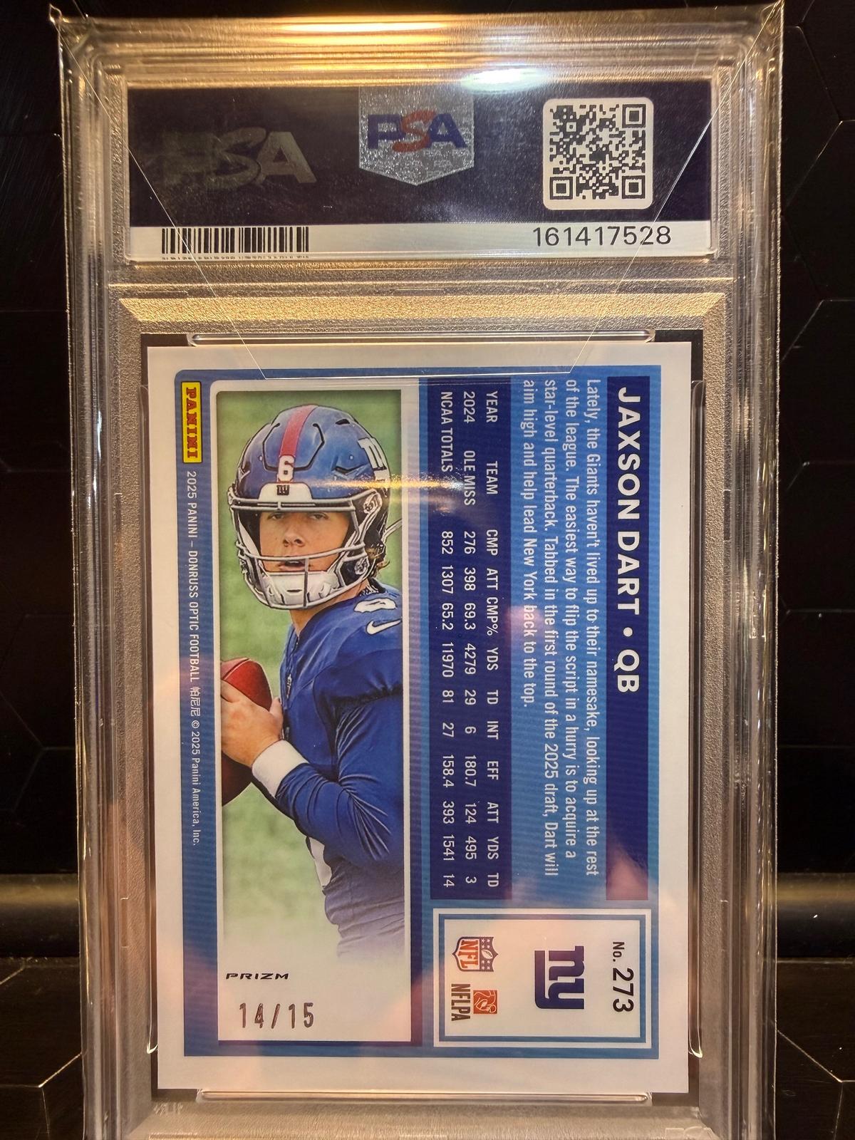 2025 Donruss Optic #273 Jaxson Dart Neon Yellow PSA 9