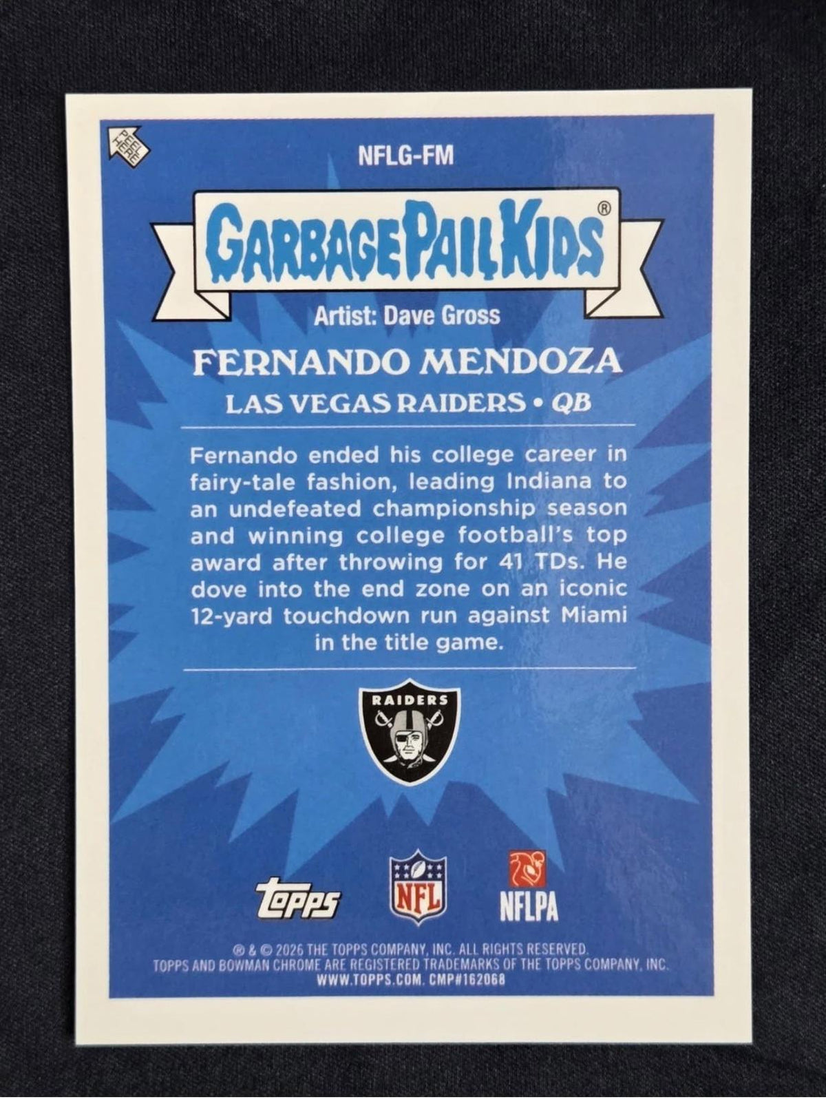 2026 Topps Chrome Fernando Mendoza #NFLG-FM Garbage Pail Kids Musical Mendoza RC