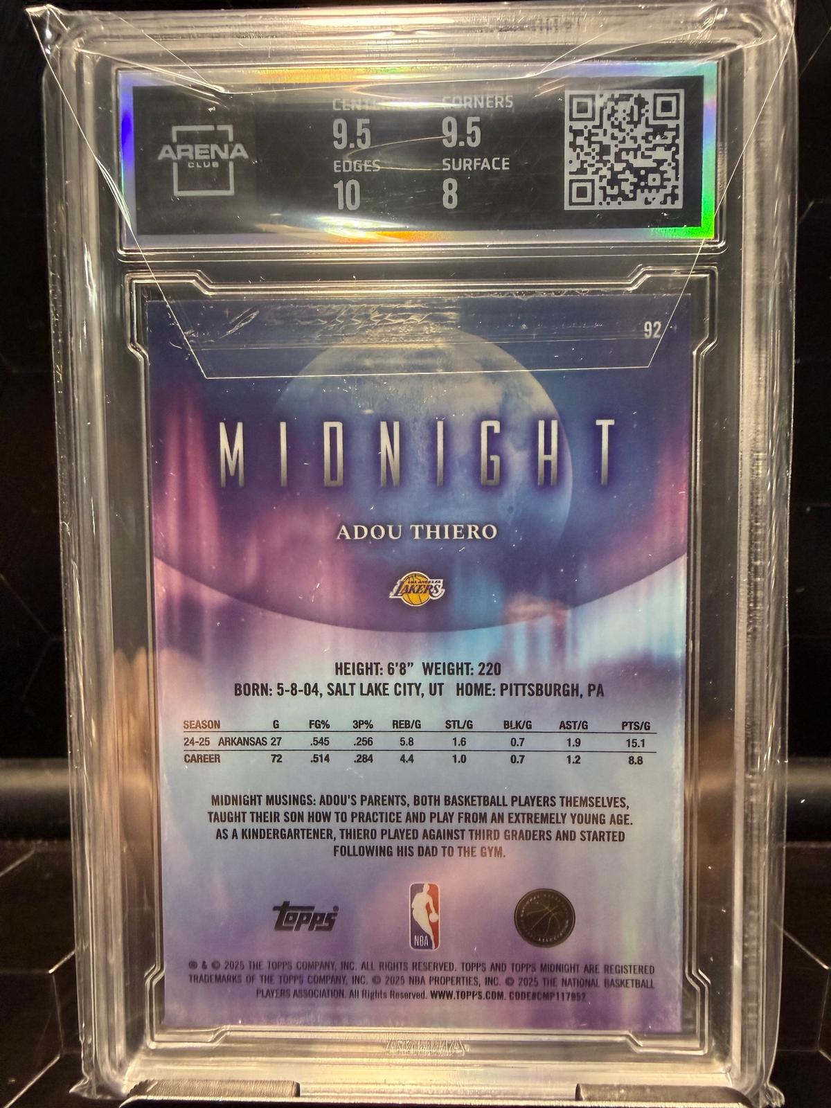 2025-26 Topps Midnight Adou Thiero #92 Midnight RC 02/12 Arena Club 8.5