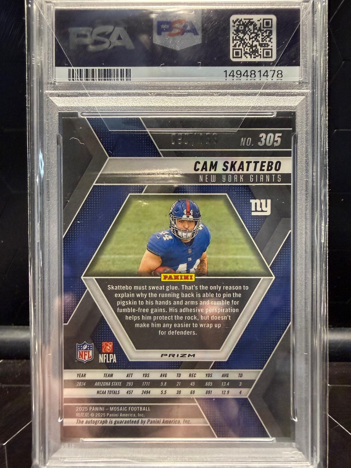 2025 Panini Mosaic Cam Skattebo #305 Rookie Autographs Red /199 PSA 9