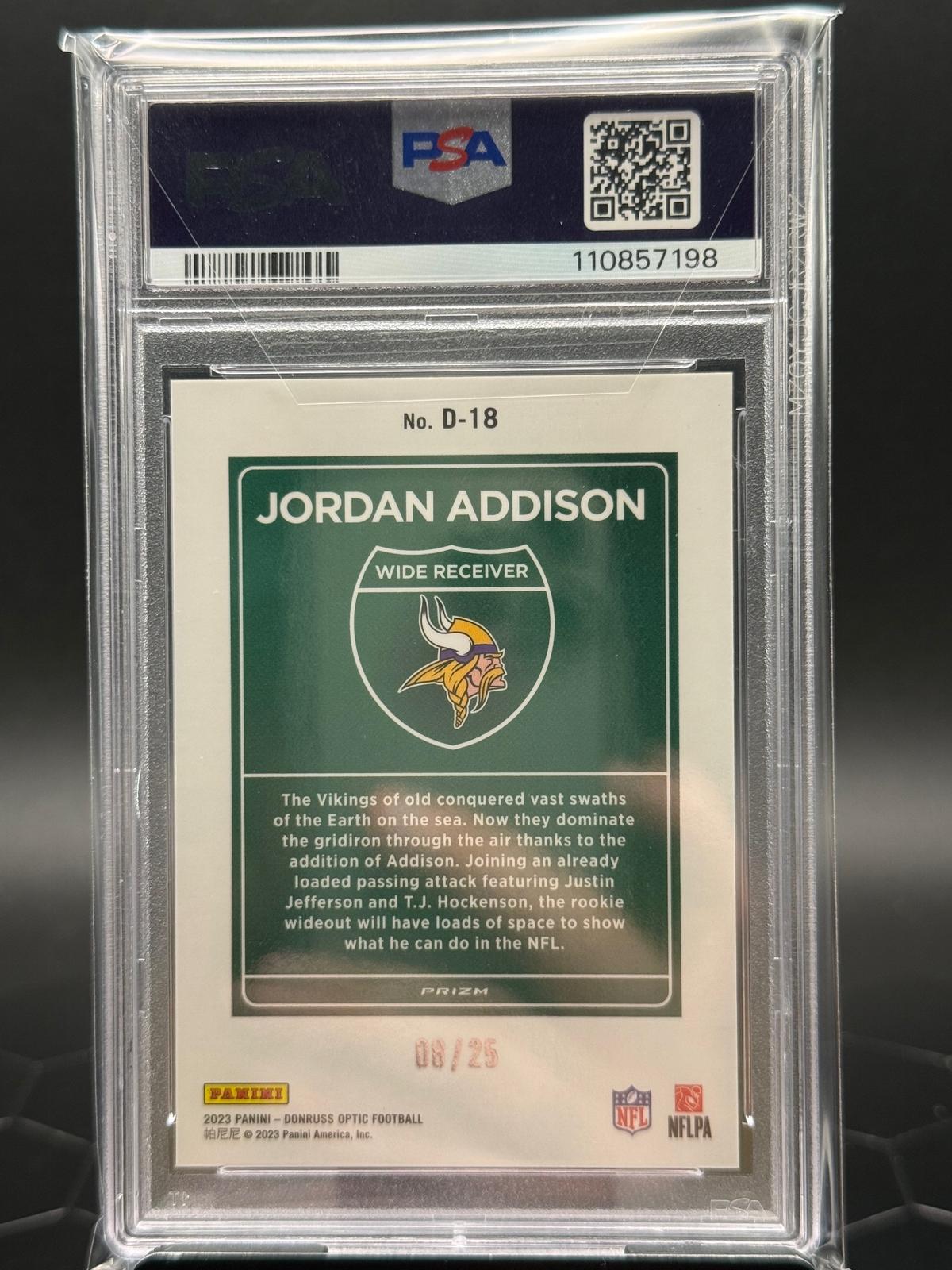 2023 Panini Donruss Optic #D18 Jordan Addison Downtown Black Pandora /25 PSA 10