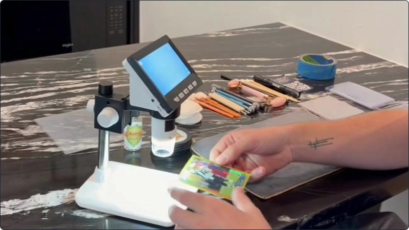 Matthew’s workbench in The Card Wash video, with his microscope, swabs and brushes.