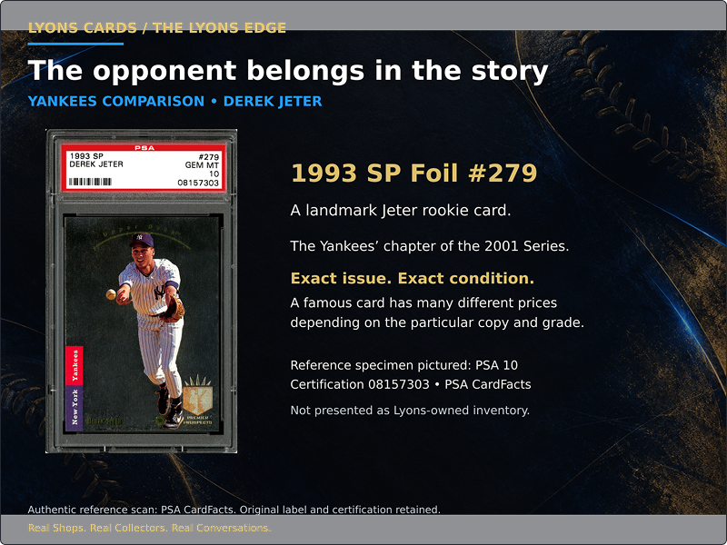 Derek Jeter’s 1993 SP Foil #279 rookie. Reference specimen from PSA CardFacts: PSA 10, certification 08157303.