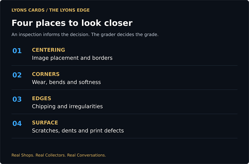 Examine centering, corners, edges and surface. Inspection is not a guaranteed grade.