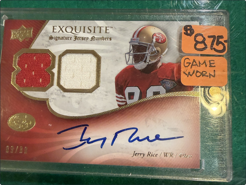 The photographed Rice card is numbered to 80. The $875 sticker is the displayed asking price; the handwritten memorabilia label is the seller’s description.