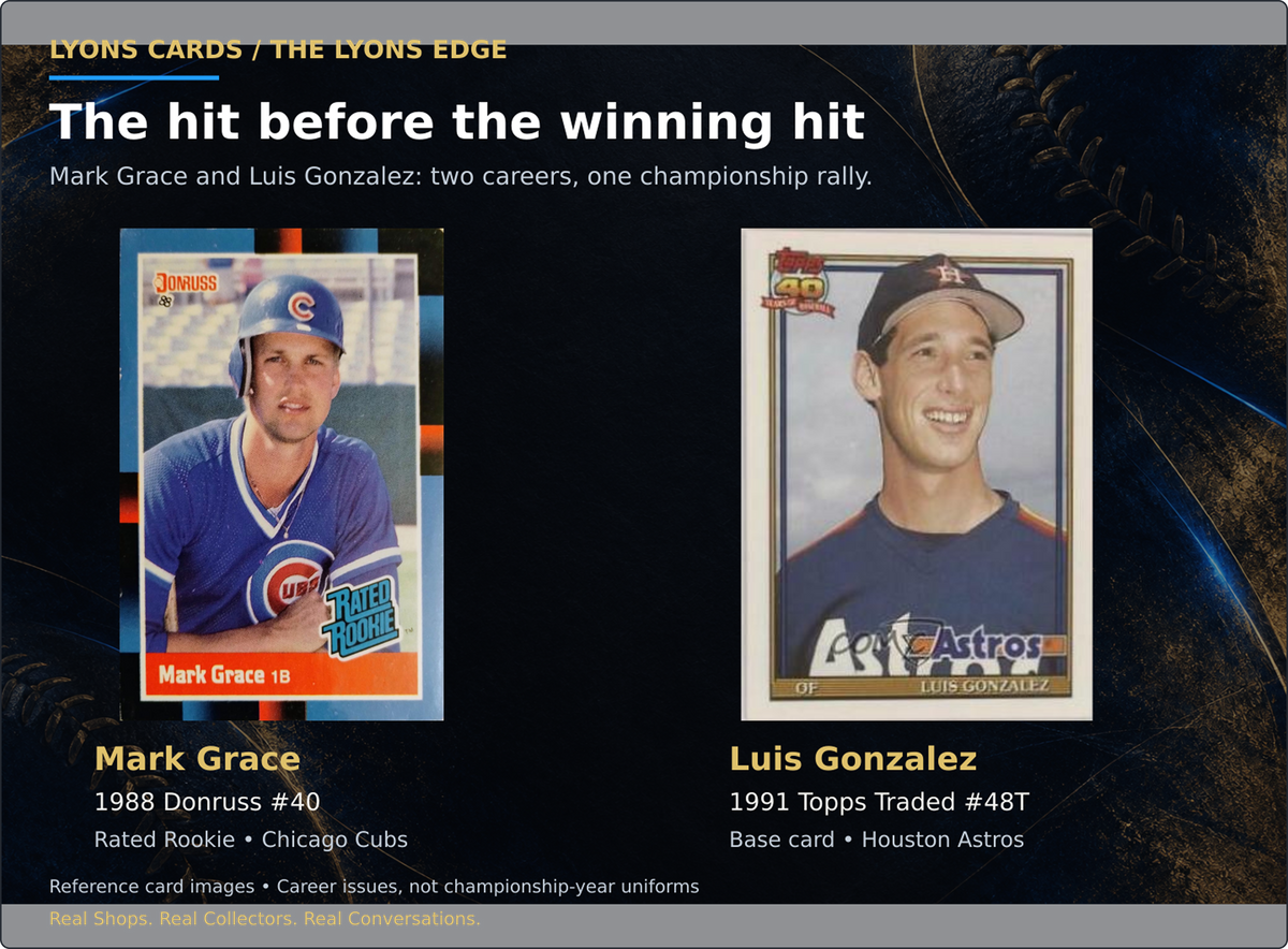 Two earlier career cards connect the players behind the Game 7 rally: 1988 Donruss Mark Grace #40 and 1991 Topps Traded Luis Gonzalez #48T.