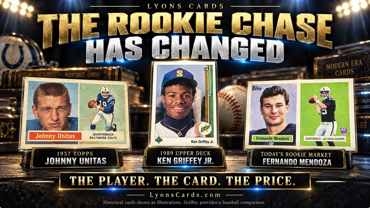 Rookies through the years: Johnny Unitas, Ken Griffey Jr. and Fernando Mendoza. Historical cards are shown as illustrations; Griffey provides a baseball comparison.