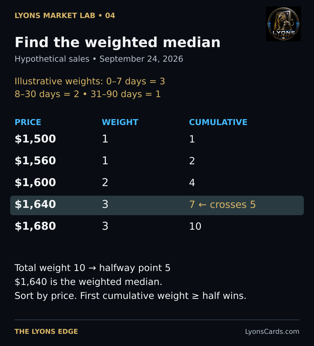 Illustrative recency weights total 10. In price order, $1,640 is the first observation whose cumulative weight reaches at least 5.