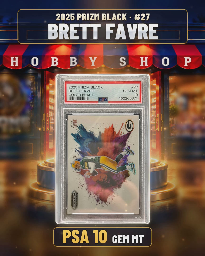 222 - Brett Favre - 2025 PRIZM BLACK Color Blast - PSA 10 GEM MT (4x5 video)