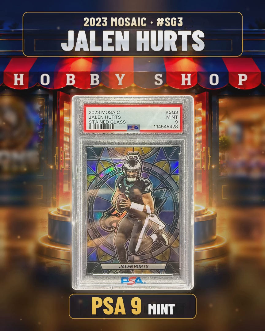 144 - Jalen Hurts - 2023 MOSAIC Stained Glass - PSA 9 MINT (4x5 video)