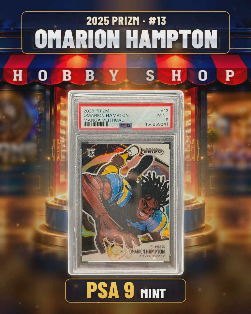 232 - Omarion Hampton - 2025 PRIZM Manga Vertical - PSA 9 MINT (4x5 video)